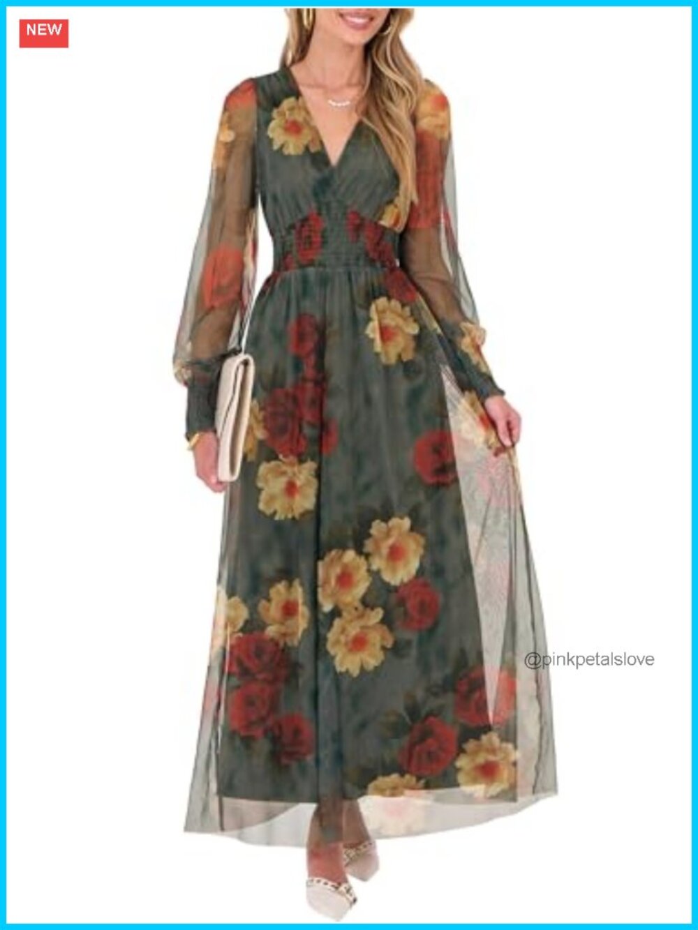 Womens Tulle Floral Maxi Dress Long Sleeve V-Neck Wedding Guest